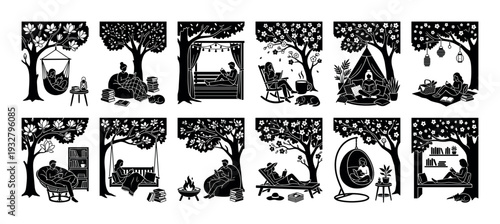 Large collection of black silhouette illustrations showing people reading books in various cozy, relaxing outdoor and indoor scenes, isolated on a white background