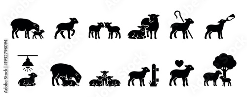 Collection of black sheep and lamb silhouettes in various poses and scenes representing farming, motherhood, and care, presented as a set of icons isolated on a white background