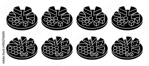 Set of black cheese platter icons with assorted cheese wedges, cubes, and honeycomb, a minimalist glyph collection for food and dairy concepts, isolated on a white background