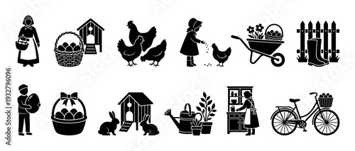 Set of black farm life silhouette icons showing people, chickens, rabbits, eggs, and rustic objects isolated on a white background
