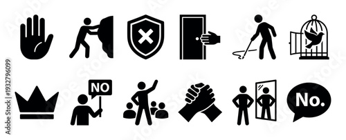 Set of black glyph icons representing refusal, protest, and freedom concepts like setting boundaries, liberation, and self-empowerment, isolated on a white background