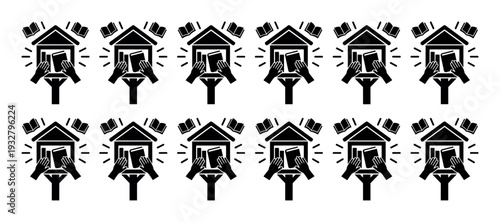 Black and white book sharing library icon pattern showing hands exchanging books in a community book box, a seamless design isolated on a white background for literacy concepts