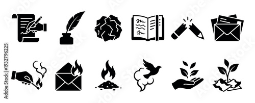 Set of black glyph icons representing writing, destruction, and renewal concepts like a quill, crumpled paper, burning letter, and growing plant, isolated on a white background