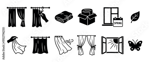 Set of black glyph icons for spring cleaning and home decor, featuring curtains, open windows, and seasonal symbols isolated on a white background