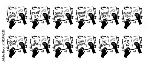 Large set of black silhouette illustrations with hands writing motivational quotes in a journal, featuring positive affirmations and self-care phrases isolated on a white background