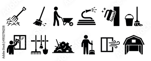 Set of black solid glyph icons for cleaning, yard work, and household chores showing sweeping, washing, and maintenance activities isolated on a white background