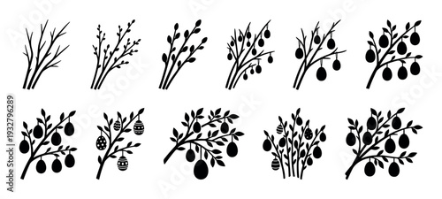 Black silhouette collection of Easter tree branches with hanging eggs, pussy willow twigs, and leaves in a minimalist graphic style, isolated on a white background