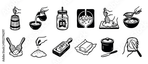 Black and white butter making process icons showing traditional churning, kneading, salting, and molding steps in a vintage graphic illustration style, isolated on a white background