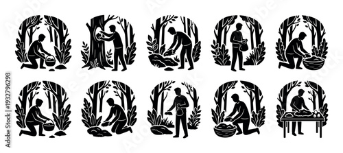Set of black silhouette icons showing a person foraging for wild food in a forest, illustrating the process from gathering to preparation, isolated on a white background