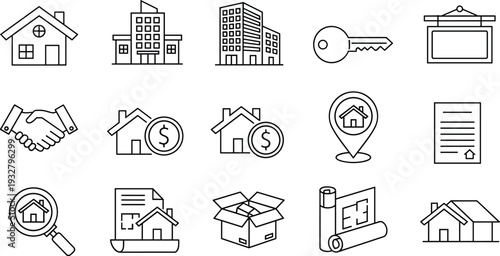 Real Estate and Property Line Icons Set with House, Buildings, Key, Contract and Mortgage Symbols