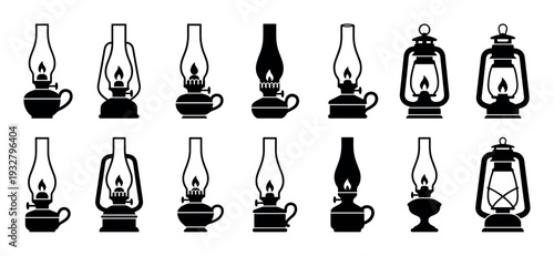 Black silhouette icons of various vintage kerosene lamps and old oil lanterns in a collection set for graphic design, isolated on a white background