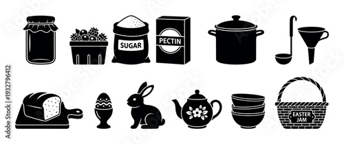 Set of black silhouette icons for jam making and Easter themes, featuring a jar, berries, sugar, pot, bunny, and decorative egg, isolated on a white background