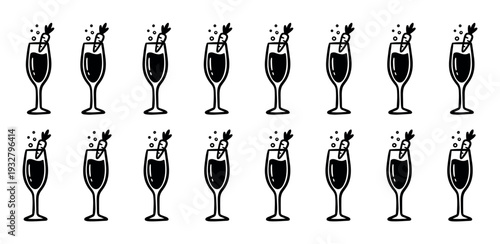 Set of hand-drawn champagne glasses with a carrot garnish and bubbles in a minimalist black and white line art style, forming a seamless pattern isolated on a white background