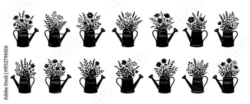Set of black watering can silhouettes filled with various wildflower bouquets and garden herbs, a rustic hand-drawn graphic collection of floral arrangements isolated on white