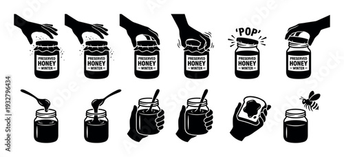 Black and white vector icon set showing the process of preserving and using honey in a jar, including hands, a spoon, bread, and a bee, isolated on a white background