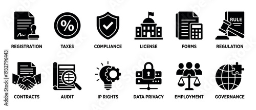 Set of black glyph icons for business and legal concepts like taxes, compliance, regulation, and data privacy, a minimalist vector pictogram collection isolated on a white background