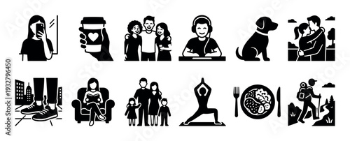 Set of black and white lifestyle icons depicting various daily activities like hiking, yoga, family time, and reading, presented as simple glyphs isolated on a white background