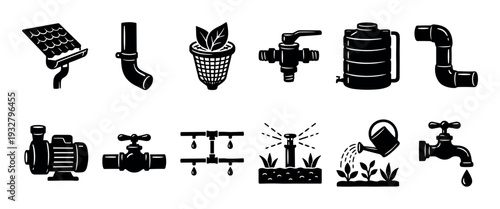 Black irrigation and plumbing system icon set showing various water management tools like pumps, pipes, sprinklers, and tanks, presented in a simple glyph style isolated on white