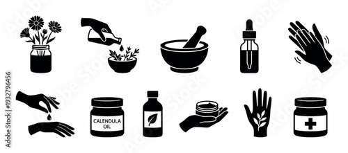 Set of black calendula oil icons for natural skincare and herbal remedies, including flowers, mortar, pestle, cream, and hands, in a minimalist glyph style isolated on white