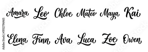 Collection of popular first names written in a beautiful black calligraphic script, a typography set for personalization and design projects, isolated on a white background