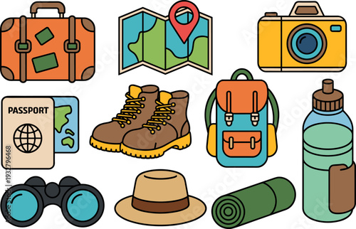 Travel and camping gear icon set, suitcase map camera boots backpack passport adventure vector illustration collection