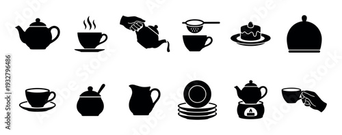 Collection of black silhouette tea and coffee service icons, depicting various kitchenware and actions related to hot beverages, presented on a clean white background