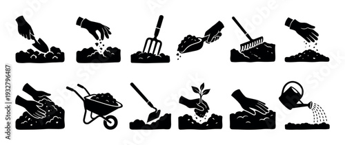 Black silhouette gardening icons collection showing planting, digging, and watering activities with various tools like a trowel, rake, and wheelbarrow, presented as a simple vector glyph set