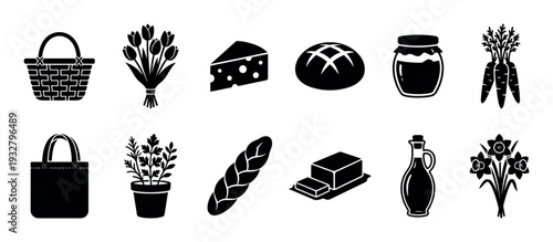 Set of black grocery market icons showing fresh food, flowers, and shopping items like bread, cheese, butter, and vegetables, presented as a minimalist vector illustration isolated on white