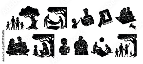Black silhouette illustration set of family activities showing parents and children reading books, walking in nature, and enjoying leisure time together, isolated on a white background