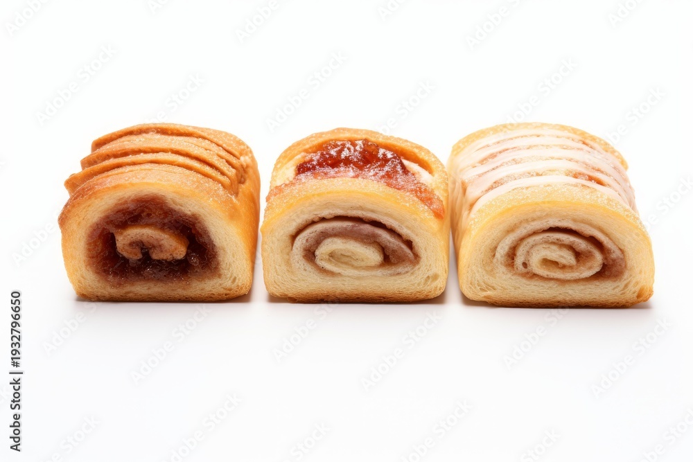 Fototapeta premium Three delicious sweet pastries displaying different fillings and glazes