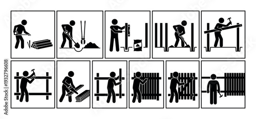 Set of black and white instructional icons showing a stick figure building a wooden fence step-by-step, from digging holes to hammering pickets, isolated on a white background