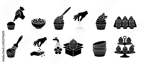 Black silhouette icons set illustrating the process of cupcake baking and decorating, from piping frosting to serving on a stand, in a simple glyph style isolated on white