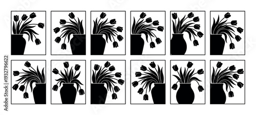 Set of twelve black tulip bouquet silhouettes in vases, a collection of minimalist floral graphic icons with different arrangements and vase shapes, isolated on a white background