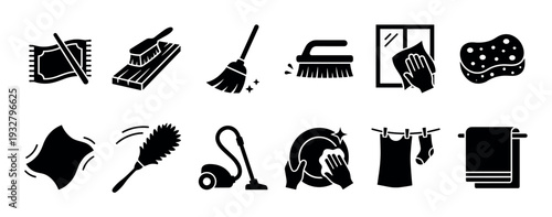 Set of black cleaning and housekeeping icons depicting various household chores like washing, sweeping, and vacuuming in a simple glyph style, isolated on a white background