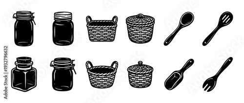 Collection of black and white kitchenware icons including various glass jars, wicker baskets, spoons, a scoop, and a fork, presented in a rustic graphic style isolated on white