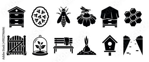 Twelve black silhouette garden and nature icons, including beehives, bees, flowers, a garden gate, a plant, a bench, a birdhouse, and a path, presented in a clean, minimalist style
