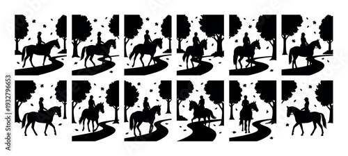 Black silhouette animation sprite sheet of a woman horseback riding on a winding path through an autumn forest, a set of twelve frames isolated on white