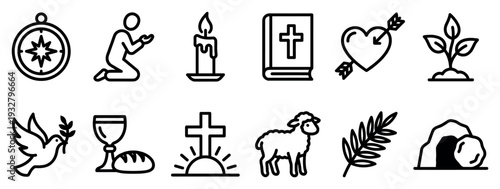 Collection of black outline Christian religious symbols and spiritual icons, including a cross, Bible, dove, and lamb, presented on a clean white background