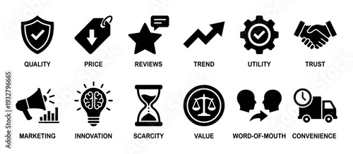 Set of twelve black business icons representing marketing concepts like quality, price, trust, and innovation, presented as a simple glyph collection isolated on a white background