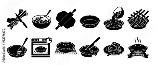 Black and white icon set illustrating the step-by-step process of baking a homemade rhubarb pie, showing ingredients, preparation, and cooking stages, isolated on white