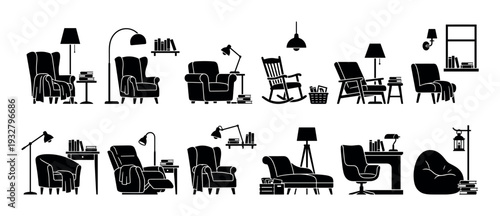 Large set of black silhouette icons depicting cozy reading corners with various chairs, lamps, and books, illustrating comfortable home interior scenes isolated on white