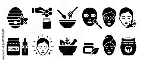 Black glyph icon set of honey and natural cosmetics for skincare, including beehive, face mask, serum, and cream jar, isolated on a white background