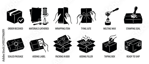 Black silhouette icon set illustrating the packaging and shipping process for an order, showing steps from wrapping a gift with a wax seal to taping the final box, isolated on white