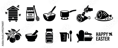 Black cooking icons for a honey glazed ham recipe showing ingredients and kitchen tools for an Easter holiday meal, a vector illustration set isolated on a white background