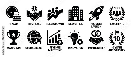 Twelve black business milestone achievement icons representing company growth, success, and development, isolated on a clean white background with clear descriptive text below each symbol