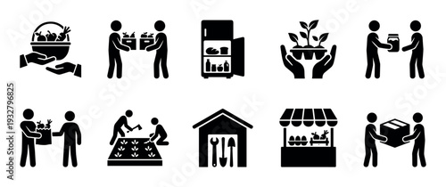 Set of black pictogram icons illustrating community food sharing, local farming, gardening, and mutual support concepts isolated on a white background