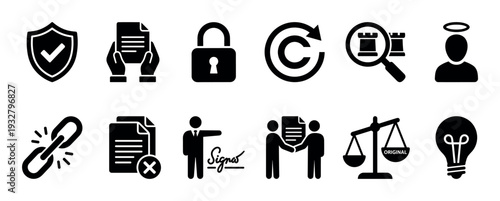 Set of black copyright and intellectual property icons representing security, contracts, originality, and legal agreements, presented in a clean solid glyph style isolated on white