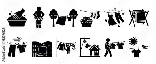 Black laundry and clothes drying icon set showing various methods of washing and hanging garments to dry outdoors on a clothesline, isolated on a white background