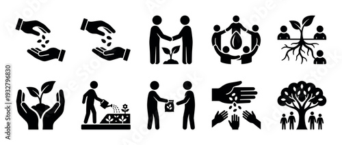 Set of black glyph icons showing planting, growth, community, and sustainability concepts like hands with seeds and trees, isolated on a white background