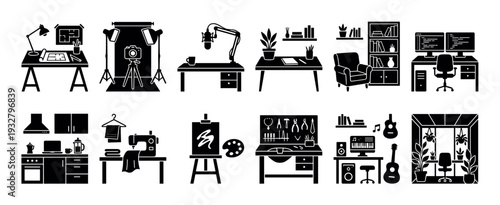Set of black silhouette icons depicting various home office and creative workspaces, including photography, art, music, and programming setups, isolated on a white background